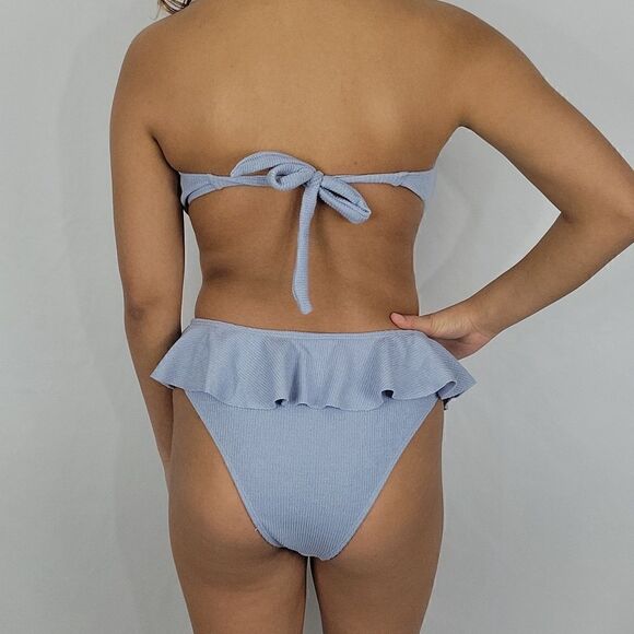 Baby Blue Ruffle O Ring Linked Bandeau Beach High Rise Bikini Swimsuit 2 Piece - Picture 4 of 5